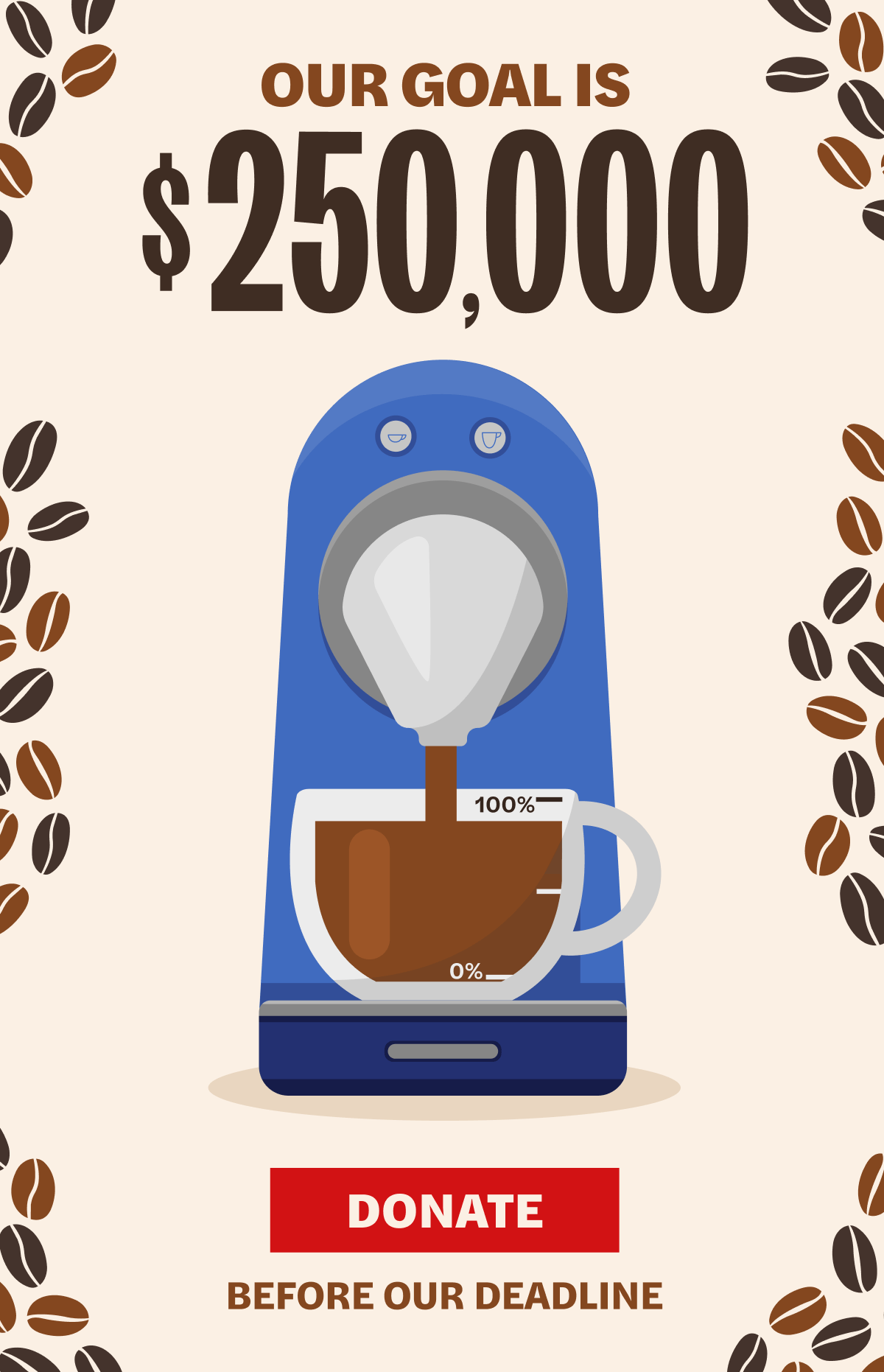 Our goal is $250,000! Donate before our deadline. There's a coffee maker filling up a mug with thermometer tick marks, and it's nearly full.