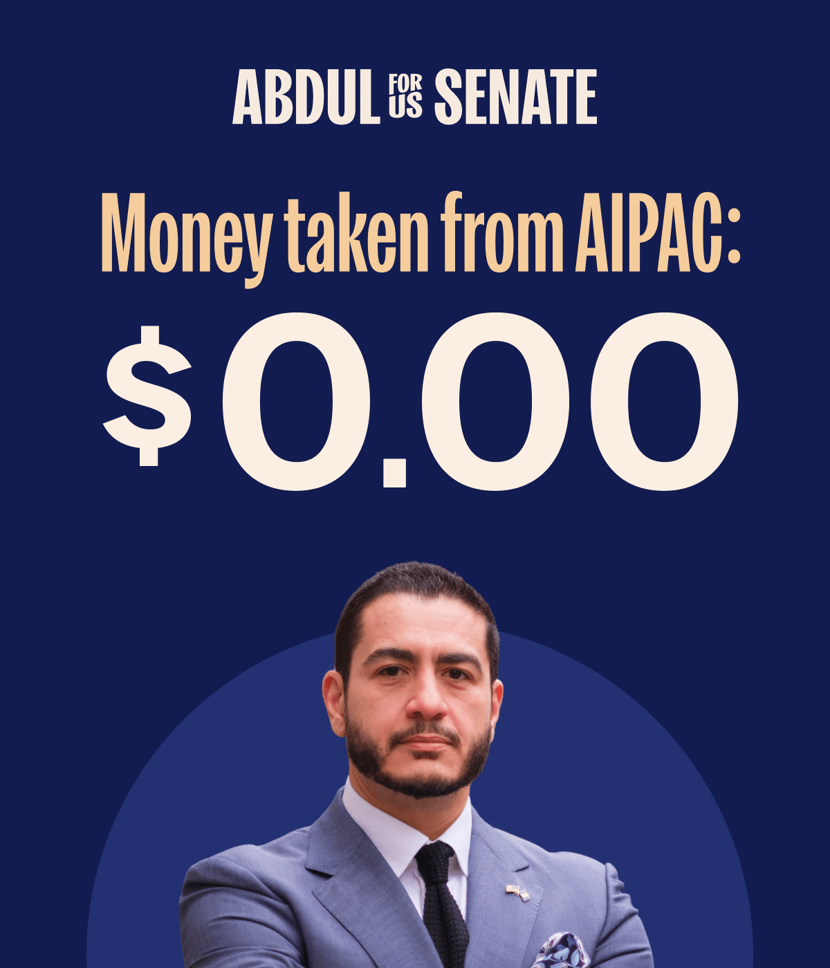 A graphic showing Abdul and text that says 'Money taken from AIPAC: $0.00' A graphic showing Abdul and text that says 'Money taken from AIPAC: $0.00'