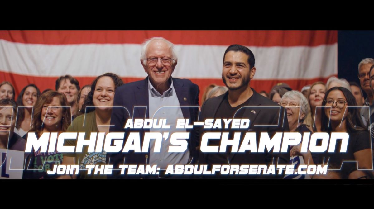 A screenshot of the new TV ad, featuring Abdul and Bernie Sanders