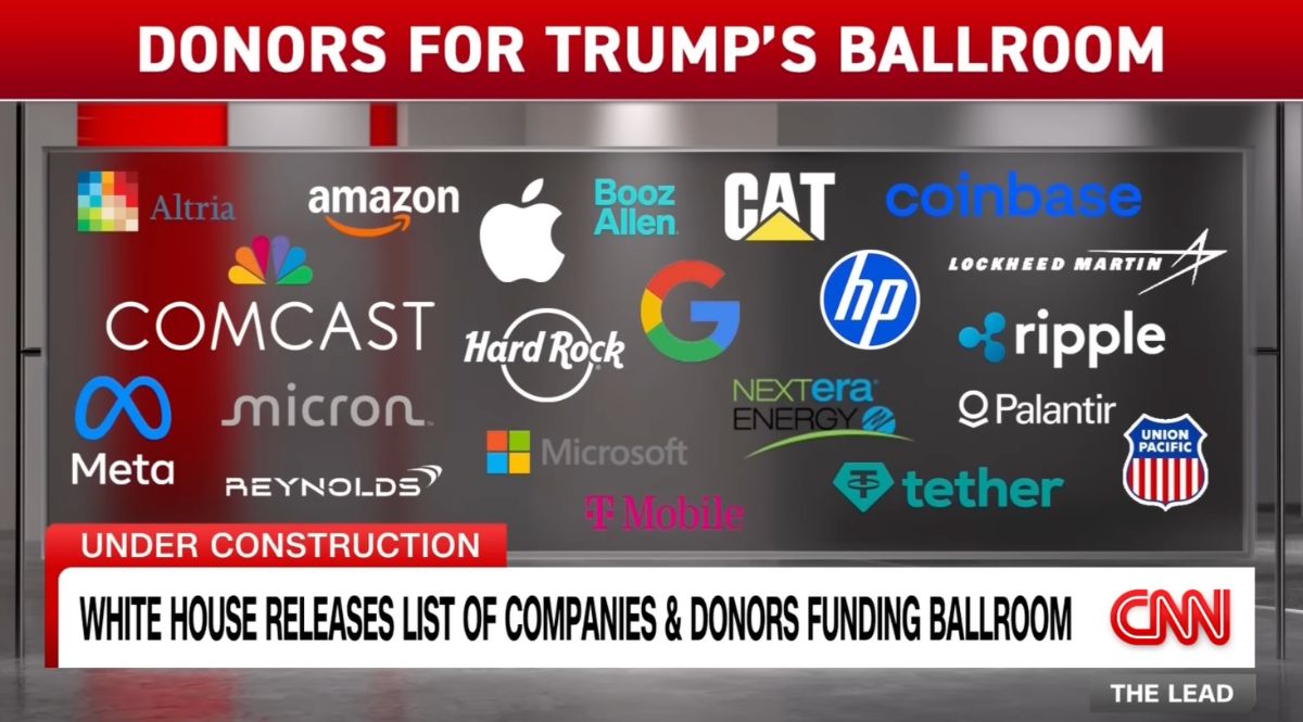 A screenshot from CNN showing all of the corporations funding Trump's ballroom