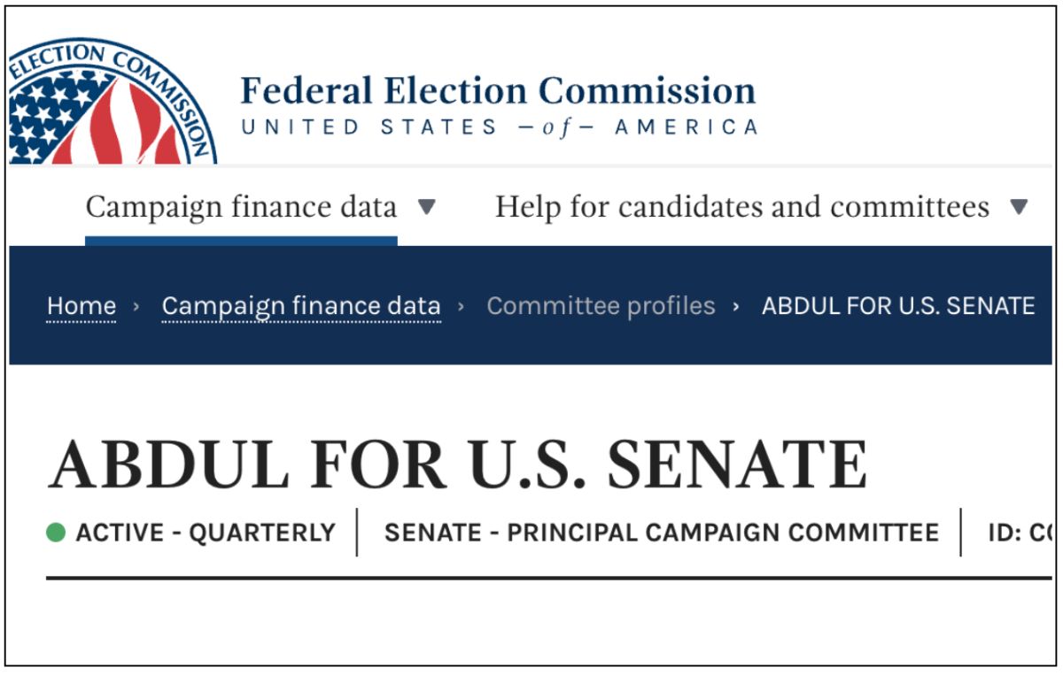 A screenshot of Abdul's profile on the FEC's website