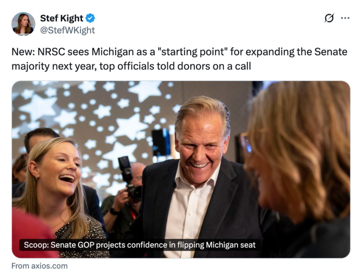 A post from @StefWKight New: NRSC sees Michigan as a 'starting point' for expanding the Senate majority next year, top officials told donors on a call