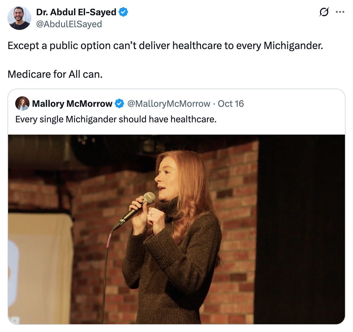 A post from Abdul that says 'Except a public option can’t deliver healthcare to every Michigander. Medicare for All can.' 
	
Abdul is quoting a post from Mallory McMorrow that says 'Every single Michigander should have healthcare.' and features a video. A post from Abdul that says 'Except a public option can’t deliver healthcare to every Michigander. Medicare for All can.' 
	
Abdul is quoting a post from Mallory McMorrow that says 'Every single Michigander should have healthcare.' and features a video.