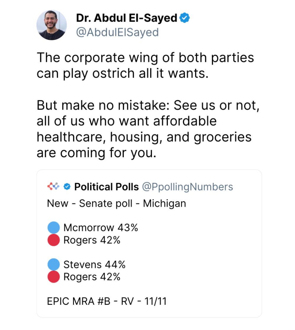 A post from Abdul: 'The corporate wing of both parties can play ostrich all it wants. But make no mistake: See us or not, all of us who want affordable healthcare, housing, and groceries are coming for you.' He's quoting a post that shows a Michigan Senate poll that doesn't include Abdul.