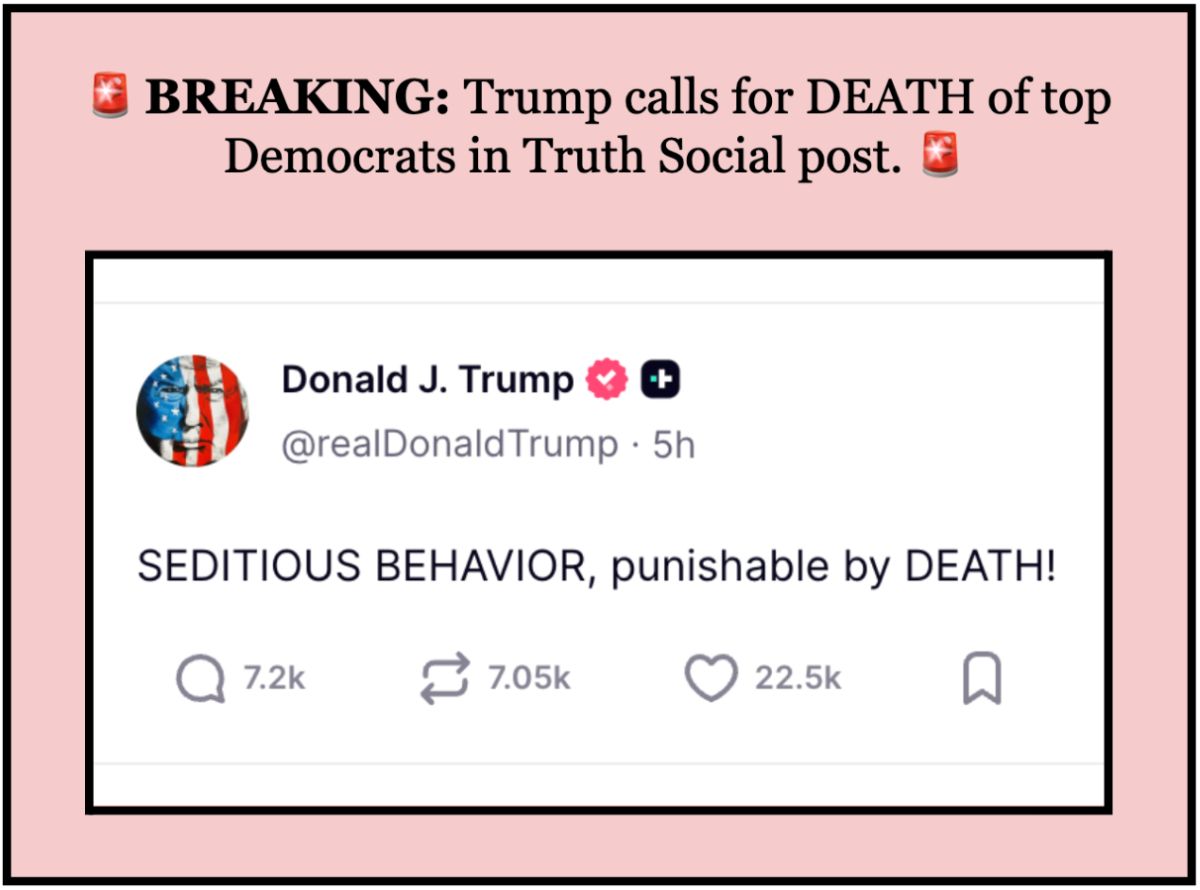 A graphic that reads: 🚨BREAKING: Trump calls for DEATH of top Democrats in Truth Social post. 🚨 Followed with a screenshot of Trump's Truth Social post: SEDITIOUS BEHAVIOR, punishable by DEATH!